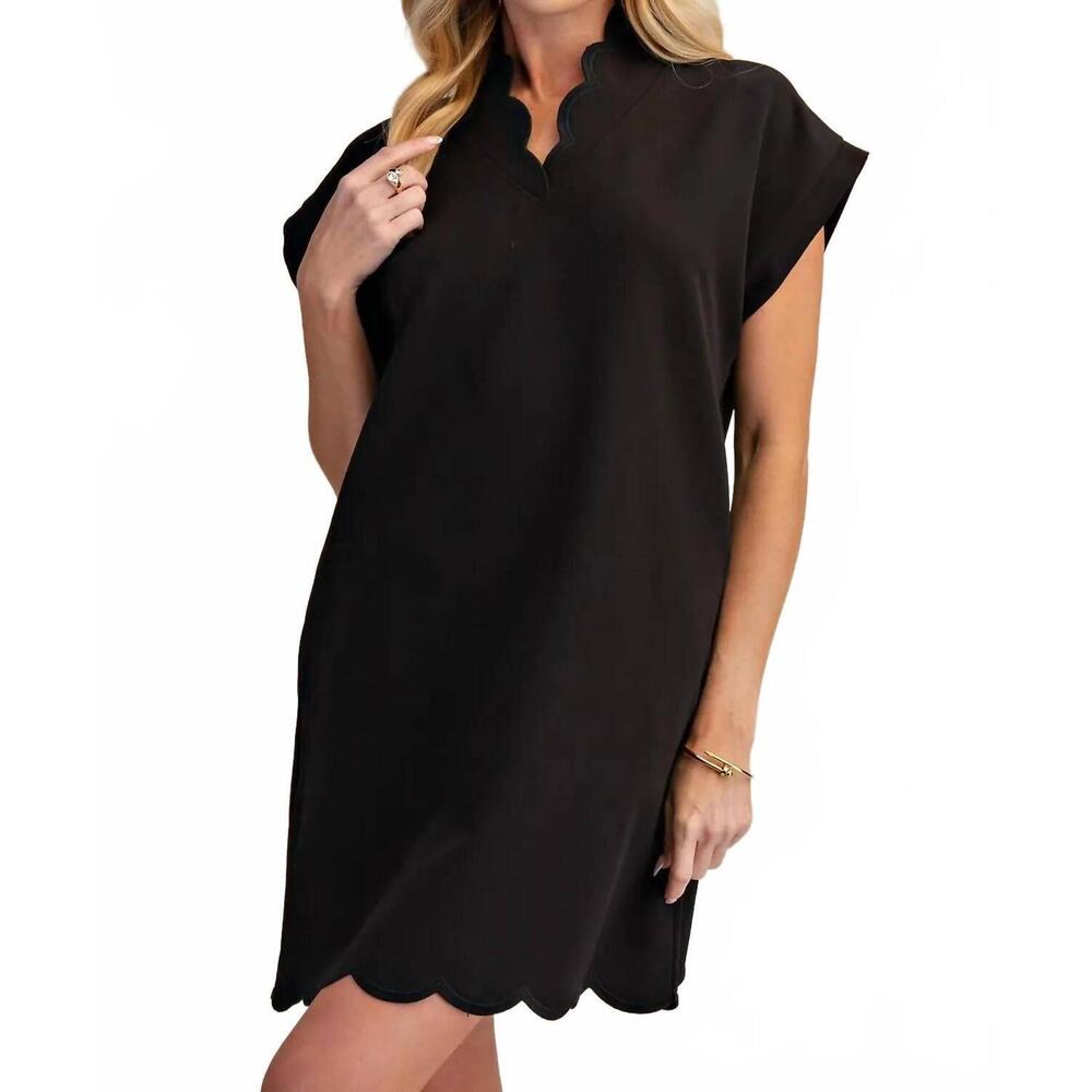 NEW GLAM scallop v-neck mini dress in black